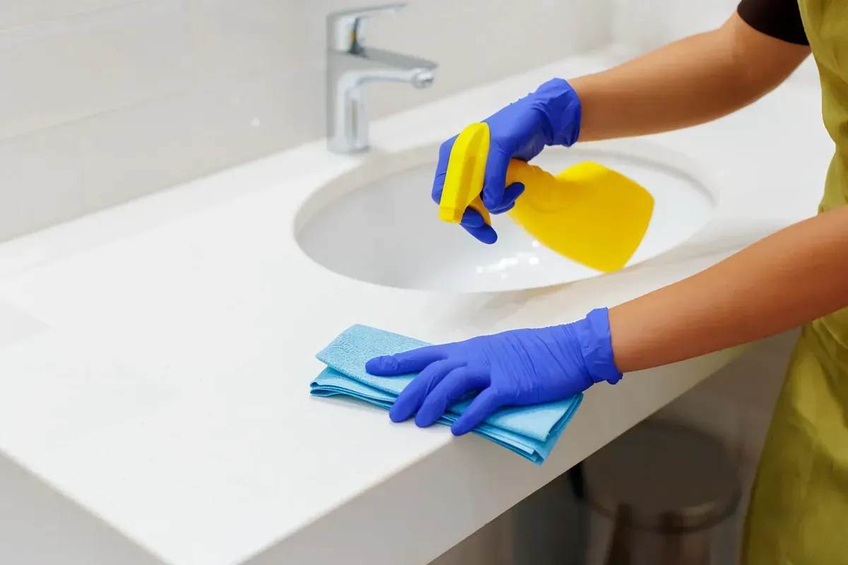 Una persona que lleva guantes azules está limpiando el lavabo del baño.